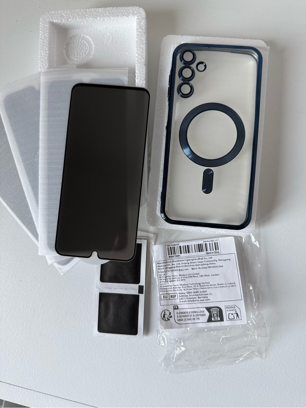 Clear Magnetic-Ready Phone Case with Dark Blue Trim and Screen Protector